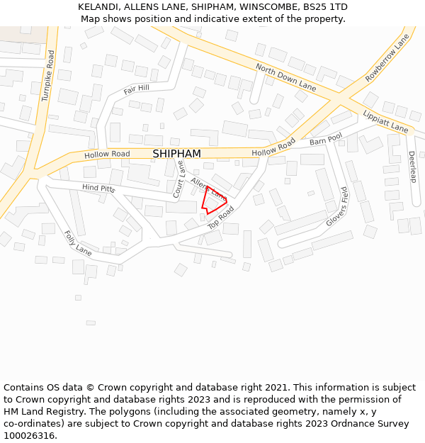 KELANDI, ALLENS LANE, SHIPHAM, WINSCOMBE, BS25 1TD: Location map and indicative extent of plot