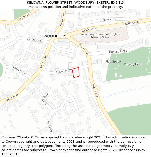 KELOWNA, FLOWER STREET, WOODBURY, EXETER, EX5 1LX: Location map and indicative extent of plot