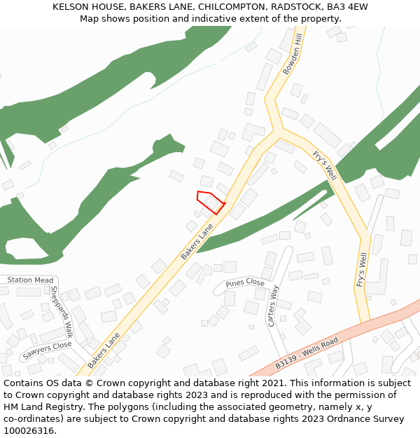 KELSON HOUSE, BAKERS LANE, CHILCOMPTON, RADSTOCK, BA3 4EW: Location map and indicative extent of plot