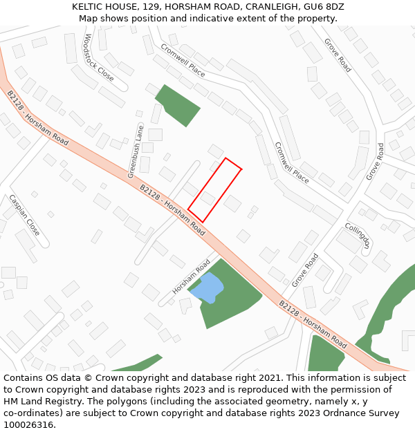 KELTIC HOUSE, 129, HORSHAM ROAD, CRANLEIGH, GU6 8DZ: Location map and indicative extent of plot