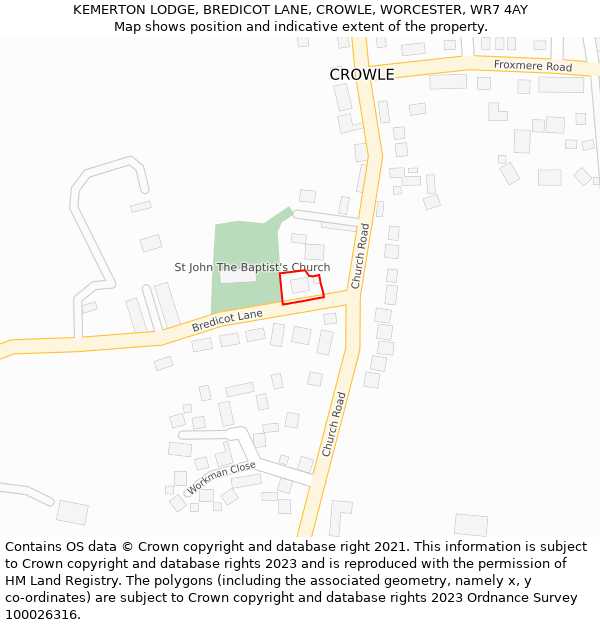 KEMERTON LODGE, BREDICOT LANE, CROWLE, WORCESTER, WR7 4AY: Location map and indicative extent of plot