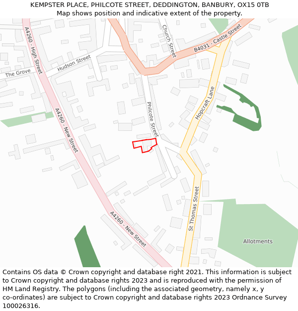 KEMPSTER PLACE, PHILCOTE STREET, DEDDINGTON, BANBURY, OX15 0TB: Location map and indicative extent of plot
