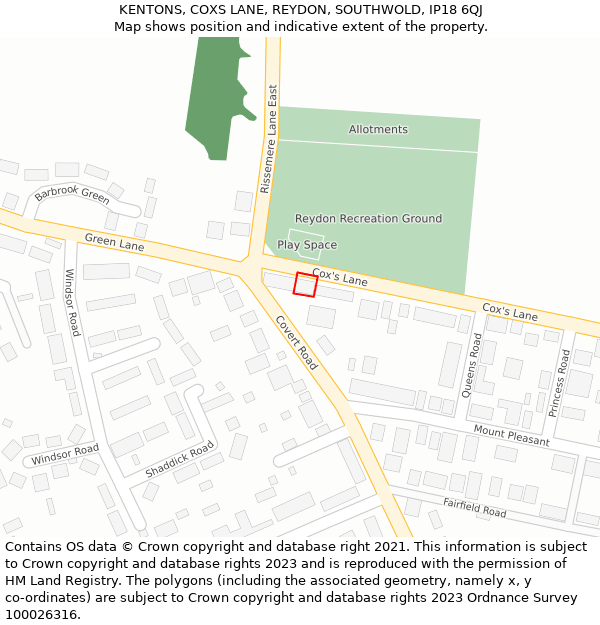 KENTONS, COXS LANE, REYDON, SOUTHWOLD, IP18 6QJ: Location map and indicative extent of plot