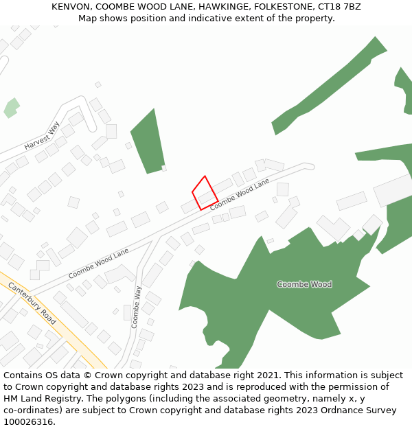 KENVON, COOMBE WOOD LANE, HAWKINGE, FOLKESTONE, CT18 7BZ: Location map and indicative extent of plot