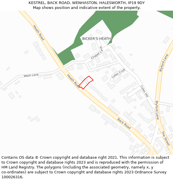 KESTREL, BACK ROAD, WENHASTON, HALESWORTH, IP19 9DY: Location map and indicative extent of plot