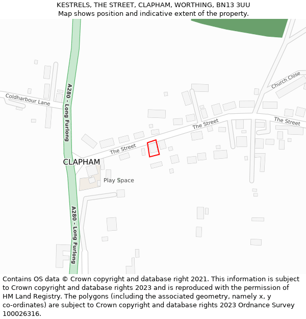 KESTRELS, THE STREET, CLAPHAM, WORTHING, BN13 3UU: Location map and indicative extent of plot