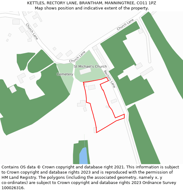 KETTLES, RECTORY LANE, BRANTHAM, MANNINGTREE, CO11 1PZ: Location map and indicative extent of plot