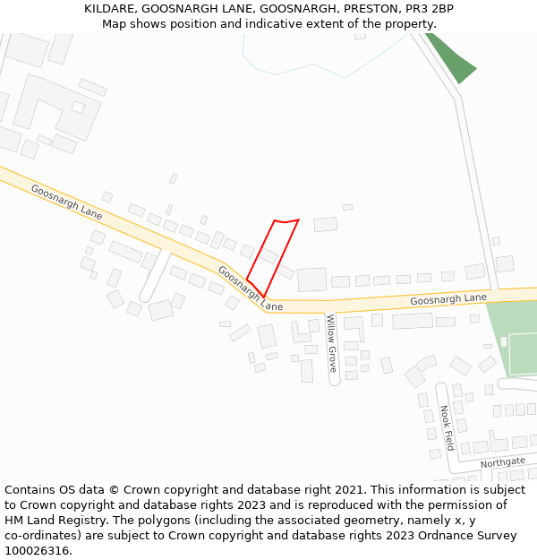 KILDARE, GOOSNARGH LANE, GOOSNARGH, PRESTON, PR3 2BP: Location map and indicative extent of plot