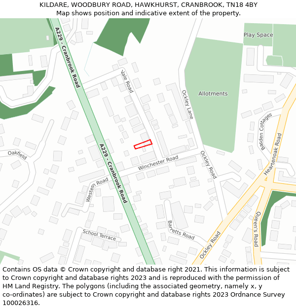 KILDARE, WOODBURY ROAD, HAWKHURST, CRANBROOK, TN18 4BY: Location map and indicative extent of plot