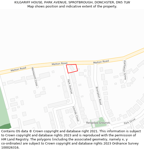 KILGARIFF HOUSE, PARK AVENUE, SPROTBROUGH, DONCASTER, DN5 7LW: Location map and indicative extent of plot