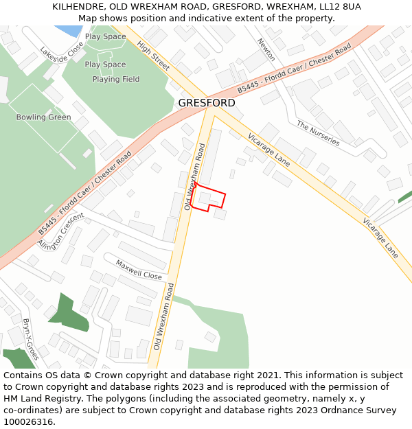KILHENDRE, OLD WREXHAM ROAD, GRESFORD, WREXHAM, LL12 8UA: Location map and indicative extent of plot