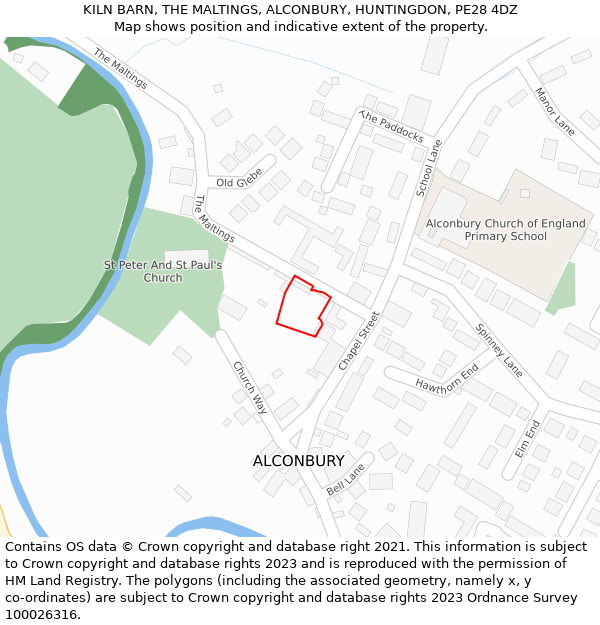 KILN BARN, THE MALTINGS, ALCONBURY, HUNTINGDON, PE28 4DZ: Location map and indicative extent of plot