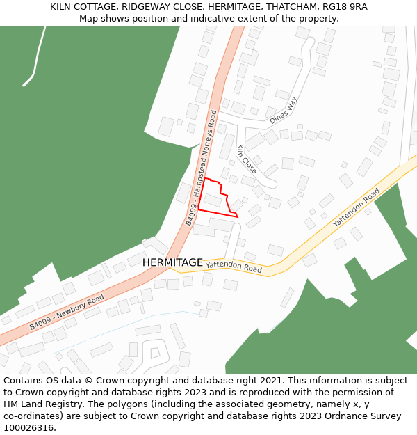 KILN COTTAGE, RIDGEWAY CLOSE, HERMITAGE, THATCHAM, RG18 9RA: Location map and indicative extent of plot