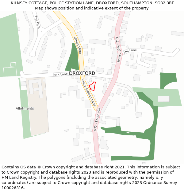 KILNSEY COTTAGE, POLICE STATION LANE, DROXFORD, SOUTHAMPTON, SO32 3RF: Location map and indicative extent of plot