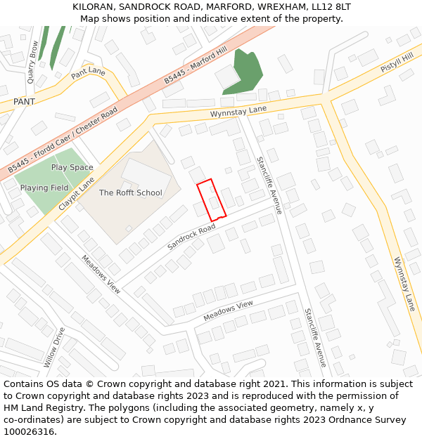 KILORAN, SANDROCK ROAD, MARFORD, WREXHAM, LL12 8LT: Location map and indicative extent of plot