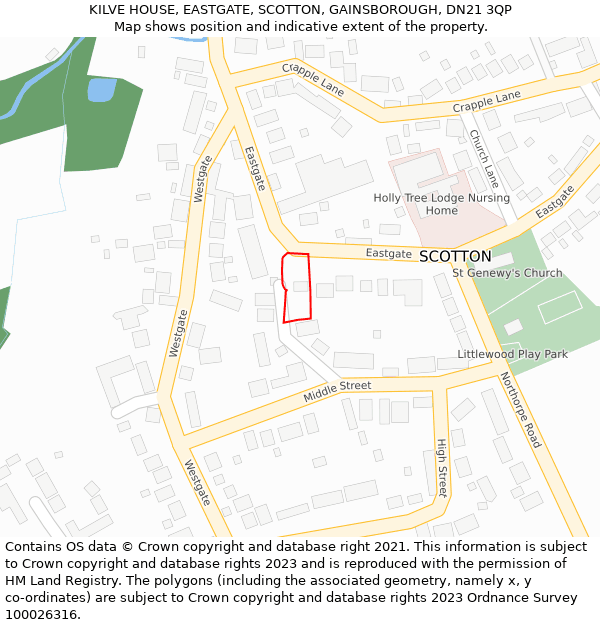 KILVE HOUSE, EASTGATE, SCOTTON, GAINSBOROUGH, DN21 3QP: Location map and indicative extent of plot