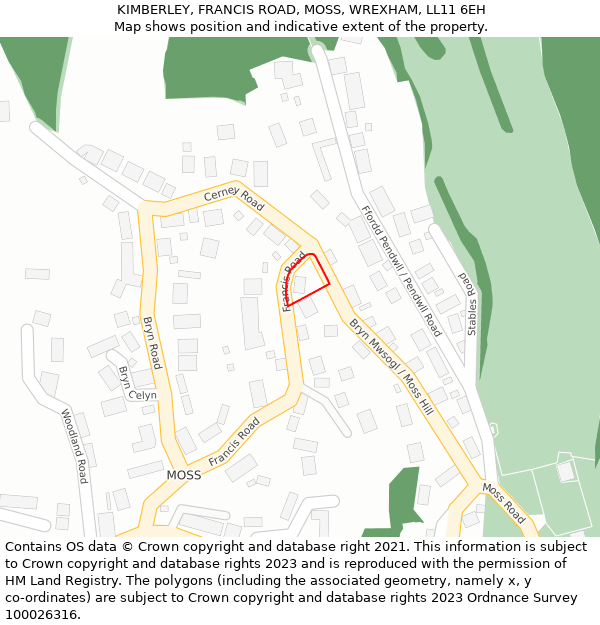 KIMBERLEY, FRANCIS ROAD, MOSS, WREXHAM, LL11 6EH: Location map and indicative extent of plot