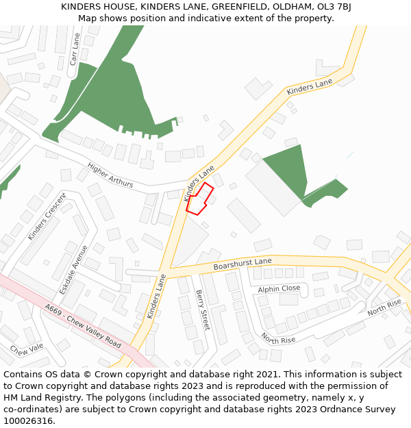 KINDERS HOUSE, KINDERS LANE, GREENFIELD, OLDHAM, OL3 7BJ: Location map and indicative extent of plot