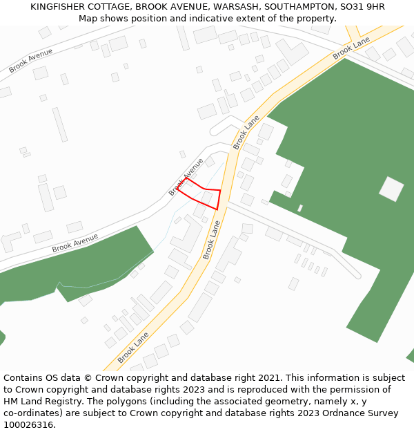 KINGFISHER COTTAGE, BROOK AVENUE, WARSASH, SOUTHAMPTON, SO31 9HR: Location map and indicative extent of plot