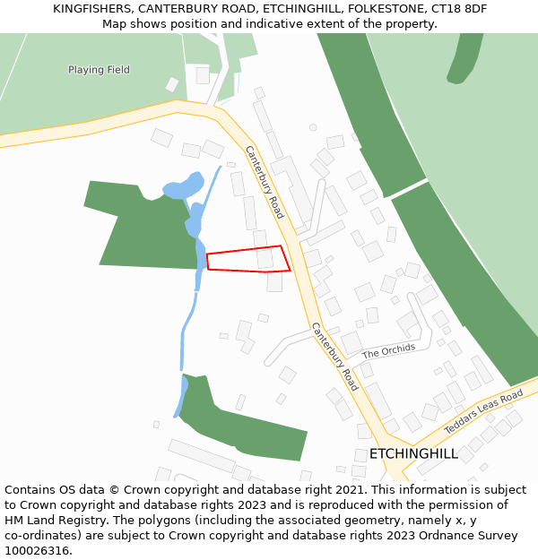 KINGFISHERS, CANTERBURY ROAD, ETCHINGHILL, FOLKESTONE, CT18 8DF: Location map and indicative extent of plot