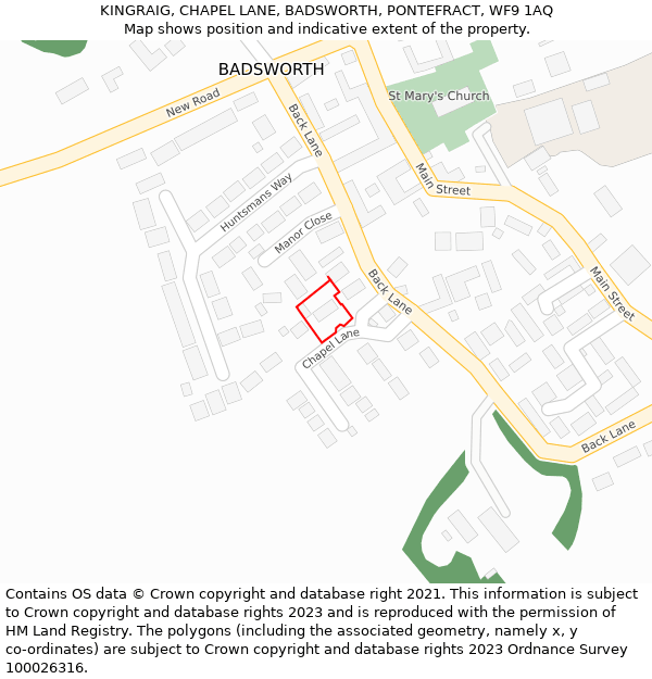 KINGRAIG, CHAPEL LANE, BADSWORTH, PONTEFRACT, WF9 1AQ: Location map and indicative extent of plot