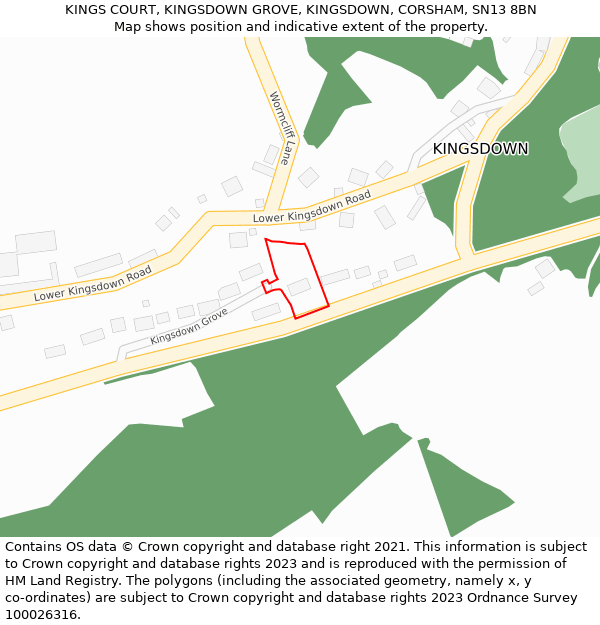 KINGS COURT, KINGSDOWN GROVE, KINGSDOWN, CORSHAM, SN13 8BN: Location map and indicative extent of plot