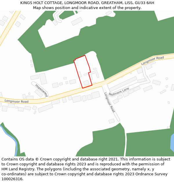 KINGS HOLT COTTAGE, LONGMOOR ROAD, GREATHAM, LISS, GU33 6AH: Location map and indicative extent of plot