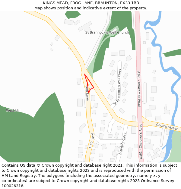 KINGS MEAD, FROG LANE, BRAUNTON, EX33 1BB: Location map and indicative extent of plot