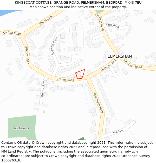 KINGSCOAT COTTAGE, GRANGE ROAD, FELMERSHAM, BEDFORD, MK43 7EU: Location map and indicative extent of plot