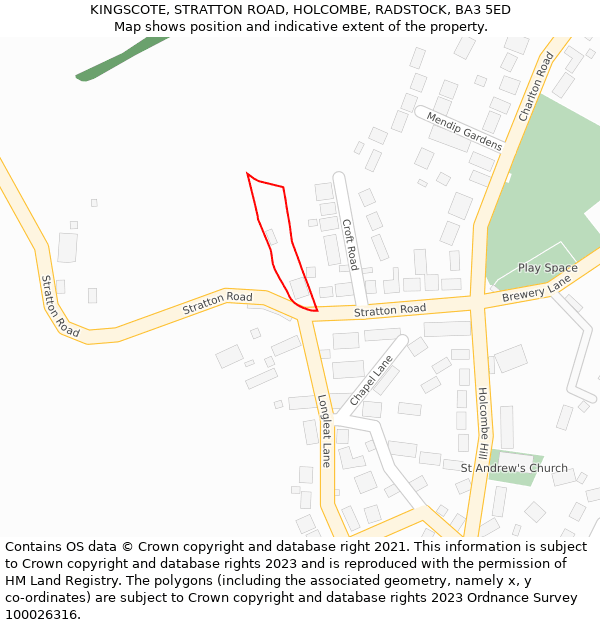 KINGSCOTE, STRATTON ROAD, HOLCOMBE, RADSTOCK, BA3 5ED: Location map and indicative extent of plot