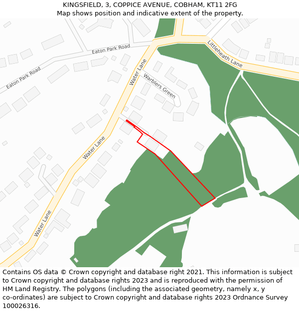 KINGSFIELD, 3, COPPICE AVENUE, COBHAM, KT11 2FG: Location map and indicative extent of plot