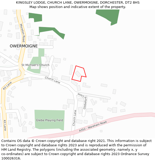 KINGSLEY LODGE, CHURCH LANE, OWERMOIGNE, DORCHESTER, DT2 8HS: Location map and indicative extent of plot