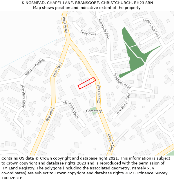KINGSMEAD, CHAPEL LANE, BRANSGORE, CHRISTCHURCH, BH23 8BN: Location map and indicative extent of plot
