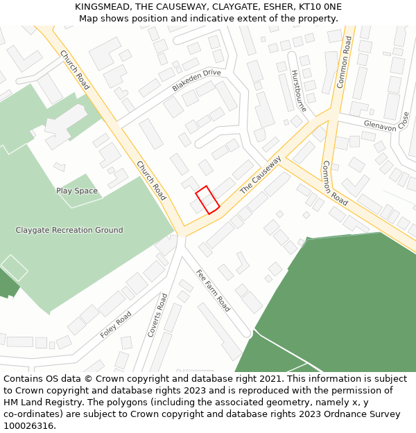 KINGSMEAD, THE CAUSEWAY, CLAYGATE, ESHER, KT10 0NE: Location map and indicative extent of plot