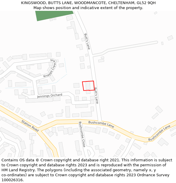 KINGSWOOD, BUTTS LANE, WOODMANCOTE, CHELTENHAM, GL52 9QH: Location map and indicative extent of plot