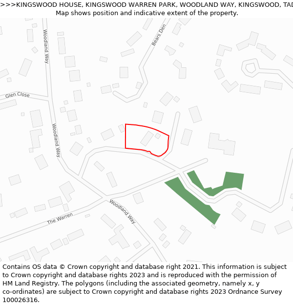 KINGSWOOD HOUSE, KINGSWOOD WARREN PARK, WOODLAND WAY, KINGSWOOD, TADWORTH, KT20 6AD: Location map and indicative extent of plot