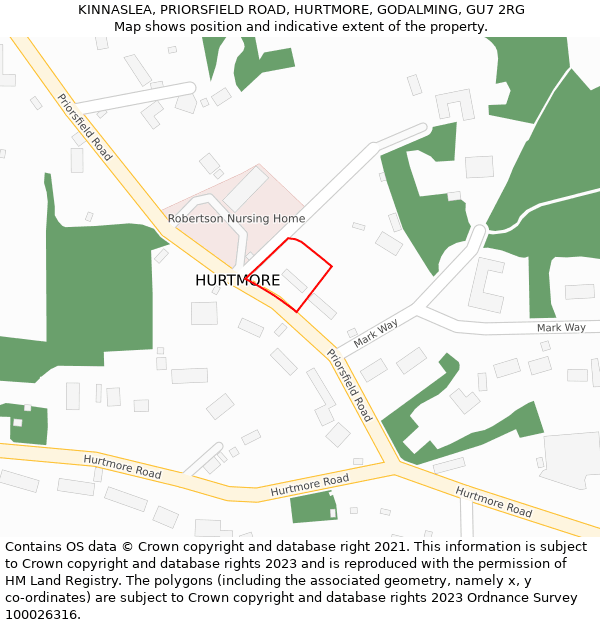 KINNASLEA, PRIORSFIELD ROAD, HURTMORE, GODALMING, GU7 2RG: Location map and indicative extent of plot