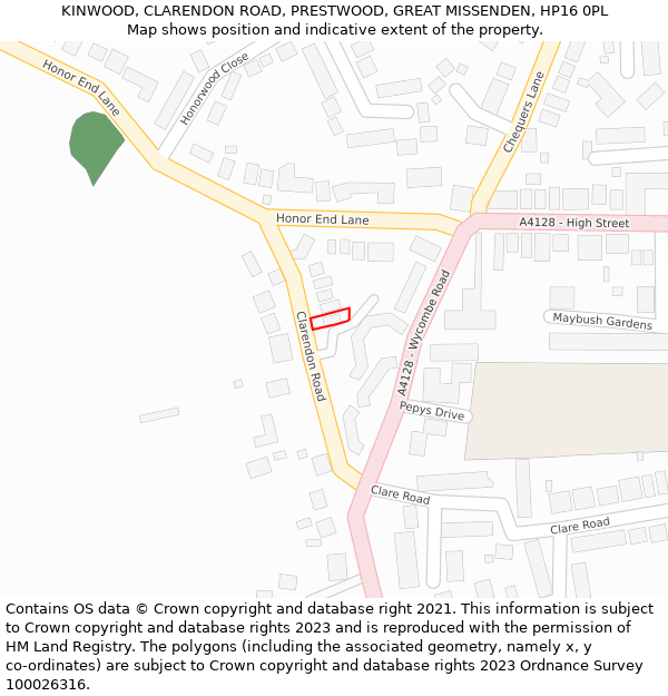 KINWOOD, CLARENDON ROAD, PRESTWOOD, GREAT MISSENDEN, HP16 0PL: Location map and indicative extent of plot
