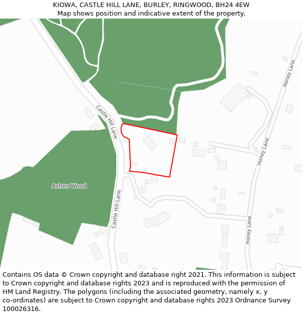 KIOWA, CASTLE HILL LANE, BURLEY, RINGWOOD, BH24 4EW: Location map and indicative extent of plot