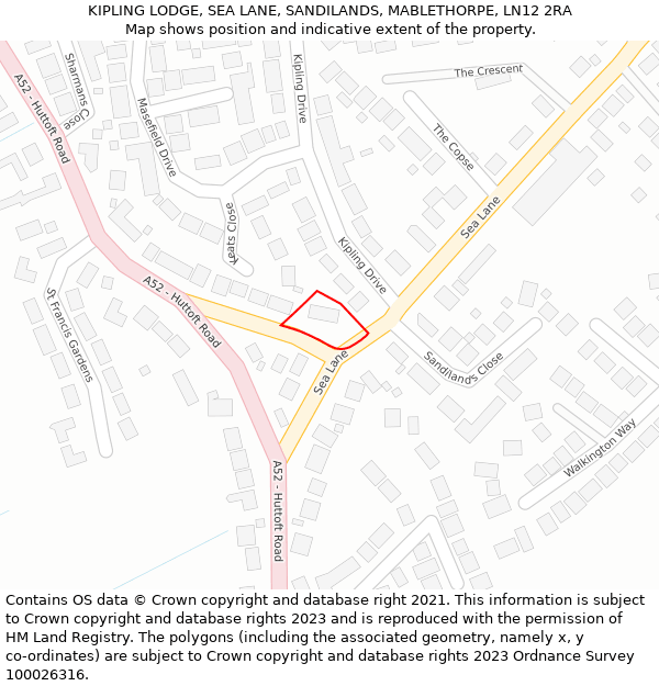 KIPLING LODGE, SEA LANE, SANDILANDS, MABLETHORPE, LN12 2RA: Location map and indicative extent of plot