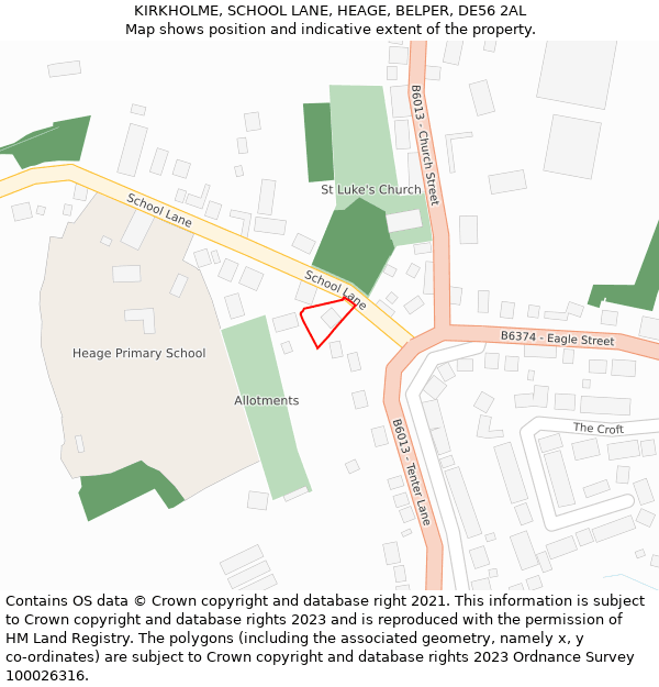 KIRKHOLME, SCHOOL LANE, HEAGE, BELPER, DE56 2AL: Location map and indicative extent of plot