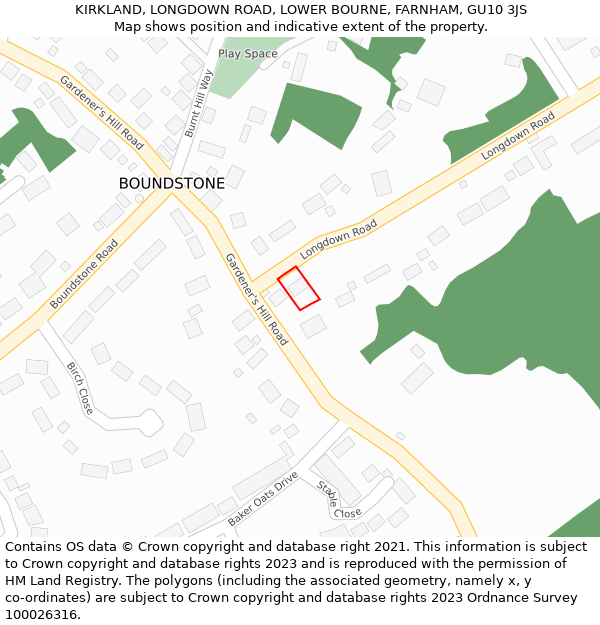 KIRKLAND, LONGDOWN ROAD, LOWER BOURNE, FARNHAM, GU10 3JS: Location map and indicative extent of plot