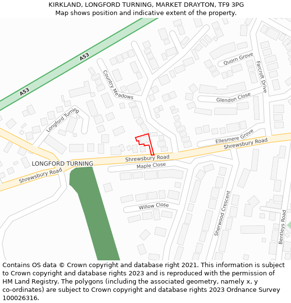 KIRKLAND, LONGFORD TURNING, MARKET DRAYTON, TF9 3PG: Location map and indicative extent of plot