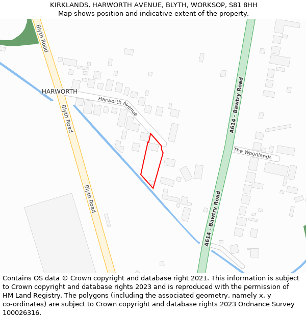 KIRKLANDS, HARWORTH AVENUE, BLYTH, WORKSOP, S81 8HH: Location map and indicative extent of plot