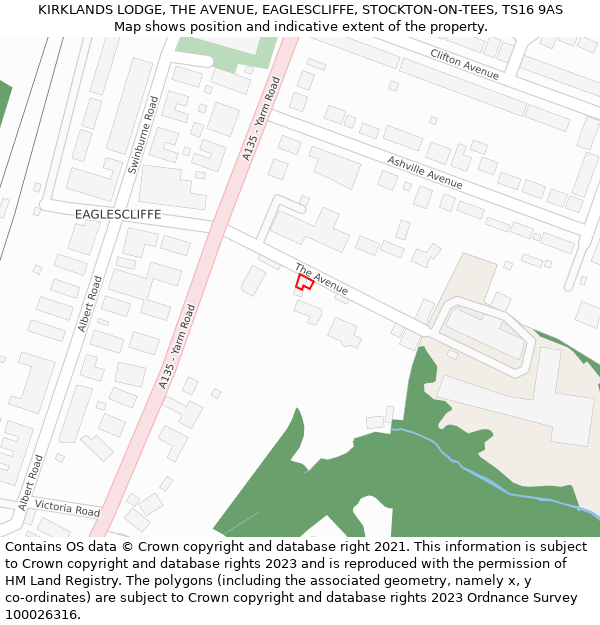 KIRKLANDS LODGE, THE AVENUE, EAGLESCLIFFE, STOCKTON-ON-TEES, TS16 9AS: Location map and indicative extent of plot