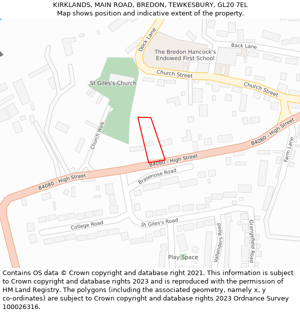 KIRKLANDS, MAIN ROAD, BREDON, TEWKESBURY, GL20 7EL: Location map and indicative extent of plot