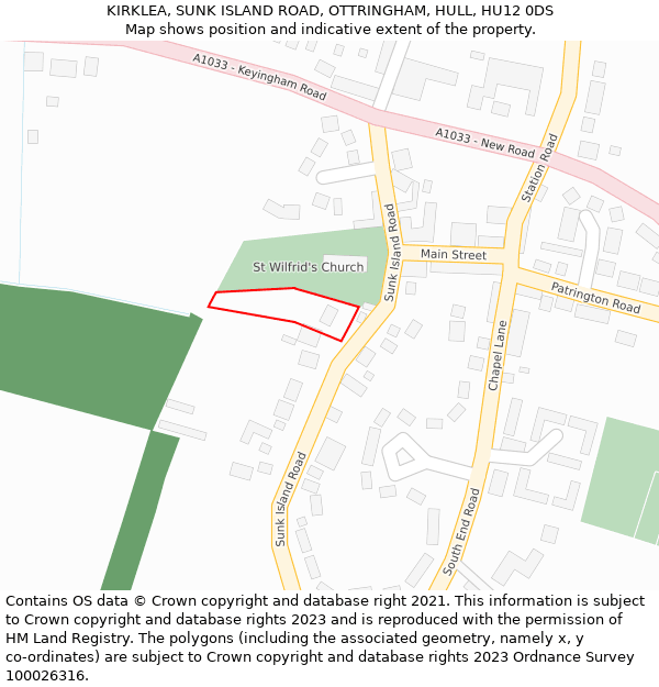 KIRKLEA, SUNK ISLAND ROAD, OTTRINGHAM, HULL, HU12 0DS: Location map and indicative extent of plot