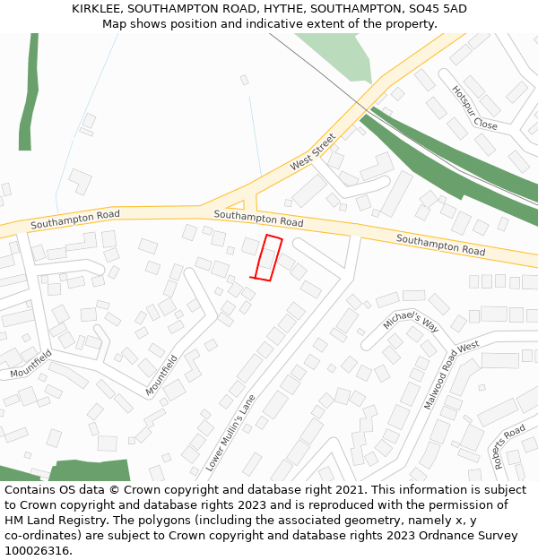 KIRKLEE, SOUTHAMPTON ROAD, HYTHE, SOUTHAMPTON, SO45 5AD: Location map and indicative extent of plot