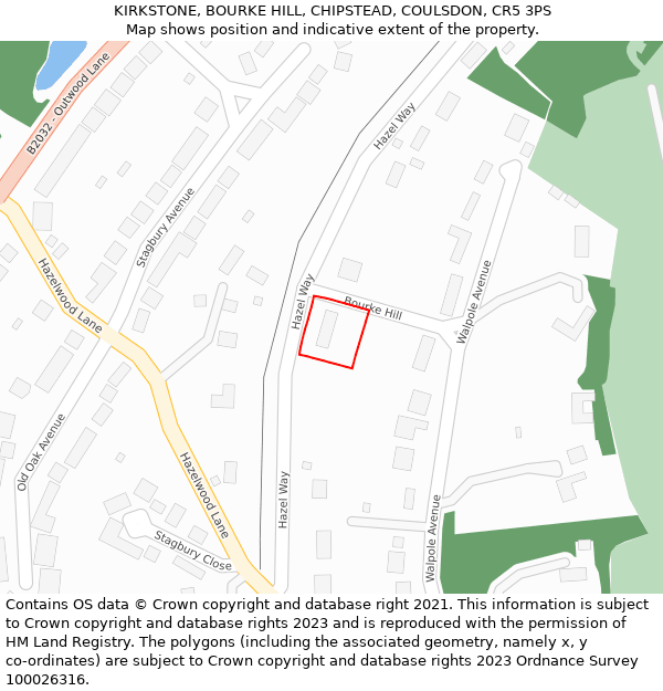 KIRKSTONE, BOURKE HILL, CHIPSTEAD, COULSDON, CR5 3PS: Location map and indicative extent of plot