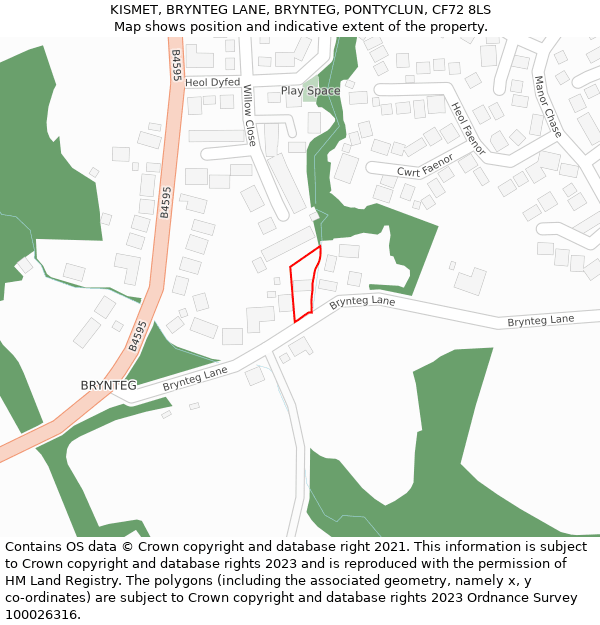 KISMET, BRYNTEG LANE, BRYNTEG, PONTYCLUN, CF72 8LS: Location map and indicative extent of plot